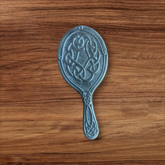 Miniature Hand Mirror With Intricate Celtic Knot Design gray silver tone 4" - Picture 3 of 7